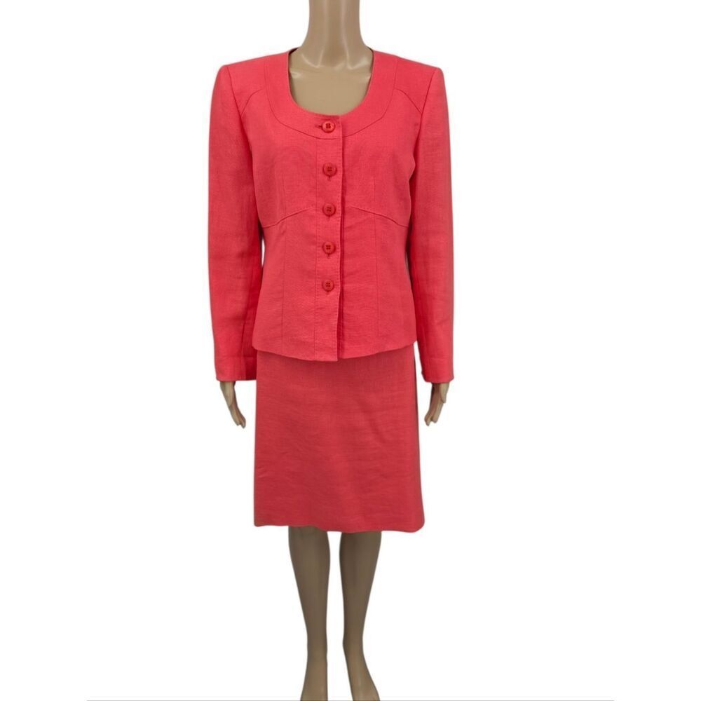 Linen Coral Two-Piece Skirt Suit Blazer Pencil Skirt By Kasper Women's 12P